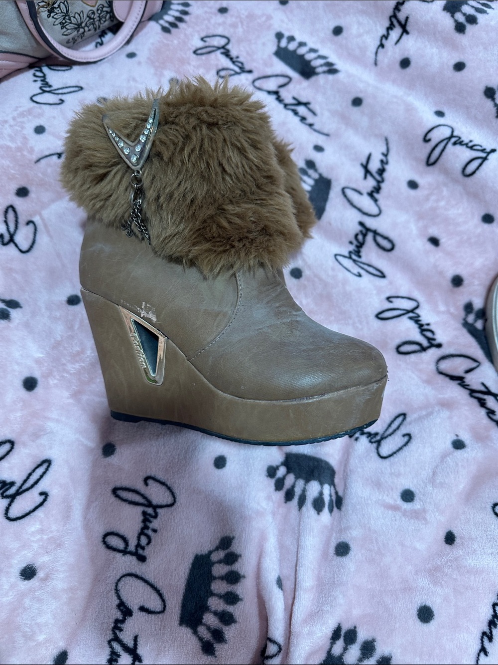 Juicy Couture Tan Faux-Fur Wedge Ankle Boots with Charm. Very vintage. 2002